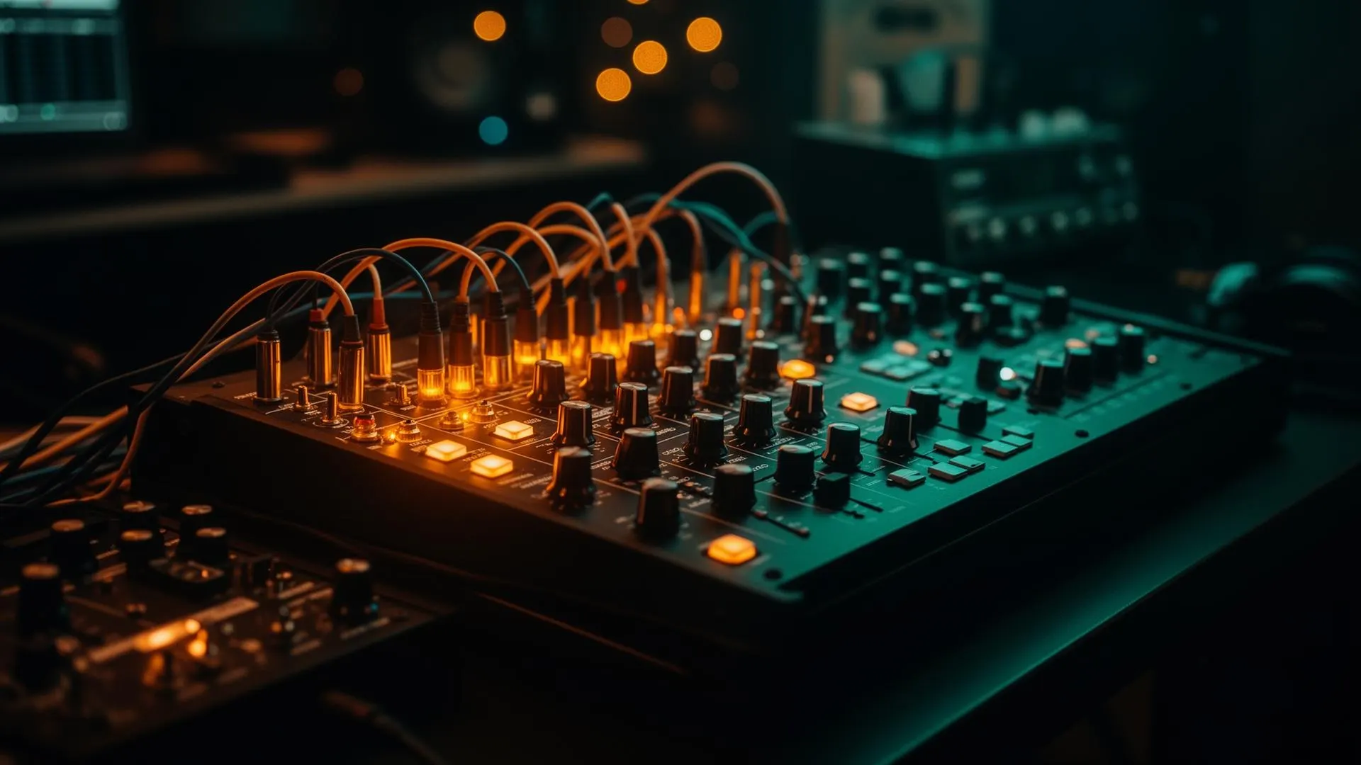 Glowing analog synthesizer with patch cables in a dim studio